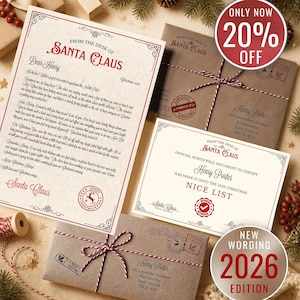 May include: A letter from Santa Claus, a Nice List certificate, and two brown envelopes tied with red and white twine. The documents feature red text, decorative borders, and official-looking stamps. The envelopes are addressed to Henry Porter.