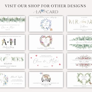 May include: A collection of wedding cards with floral and botanical designs. The cards feature text such as "Congratulations on your wedding day" and names. The cards have a variety of floral arrangements and fonts.