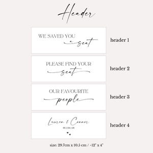 May include: Four rectangular white signs with black text, ideal for a wedding. The signs read: "WE SAVED YOU a seat", "PLEASE FIND YOUR seat", "OUR FAVOURITE people", and "Lauren & Connor 05|04|26". The size is 12" x 4".