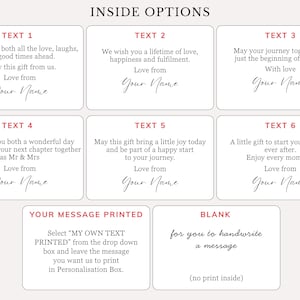 May include: Image showing options for personalized messages. Text options include wishes for love, happiness, and a joyful journey. There is also an option to have your own text printed or to handwrite a message.