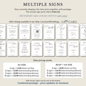 May include: A collection of white rectangular wedding signs with black text and line art illustrations. The signs feature various themes including photo booth, guest book, and cards and wishes. The image includes text detailing A5 and 8x10 inch sizes.