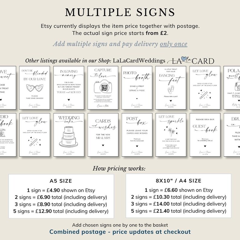 May include: A collection of white rectangular wedding signs with black text and line art illustrations. The signs feature various themes including photo booth, guest book, and cards and wishes. The image includes text detailing A5 and 8x10 inch sizes.