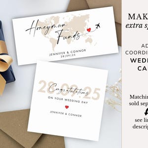 May include: Two wedding cards with the text "Honeymoon Funds" and "Congratulations". The first card has a world map graphic and a plane with a heart. The second card has a red heart. Both cards have names and a date.
