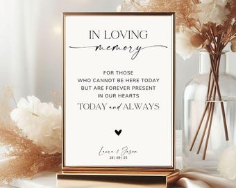 May include: A vertical rectangular sign in a metallic gold frame featuring the black text: IN LOVING memory, FOR THOSE WHO CANNOT BE HERE TODAY BUT ARE FOREVER PRESENT IN OUR HEARTS, TODAY and ALWAYS, a small heart icon, Laura & Jason, 28 | 09 | 25.