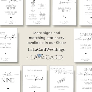 May include: A collection of white rectangular wedding signs with black text and minimalist line drawings. The signs feature various event labels including Photo Booth, Guest Book, and drink menus, all branded with LaLaCardWeddings.