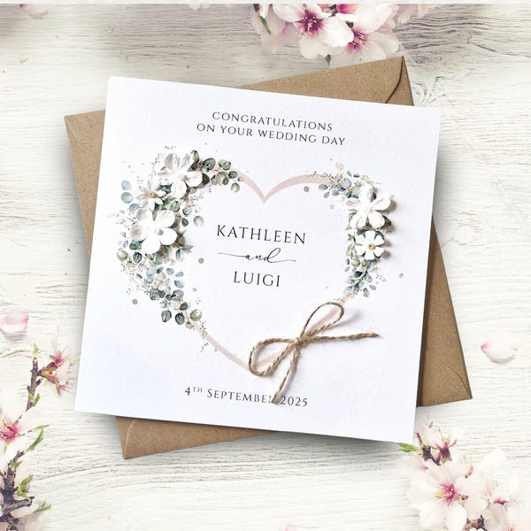 Luxury Personalised Wedding Card, Congratulations on Your Wedding Day, Mr & Mrs Card, Wedding Gift for Bride and Groom, Greenery Heart (42L)