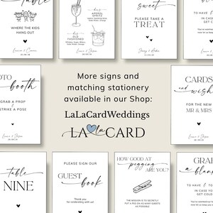Puede incluir: Una colecci&oacute;n de carteles de boda rectangulares blancos con texto negro y dibujos lineales minimalistas. Los carteles presentan varios temas de eventos, incluyendo un fotomat&oacute;n, libro de visitas y men&uacute;s de bebidas.