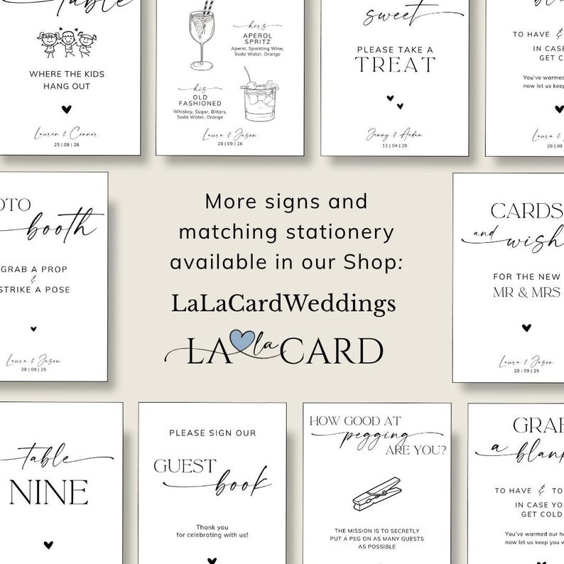 Puede incluir: Una colecci&oacute;n de carteles de boda rectangulares blancos con texto negro y dibujos lineales minimalistas. Los carteles presentan varios temas de eventos, incluyendo un fotomat&oacute;n, libro de visitas y men&uacute;s de bebidas.