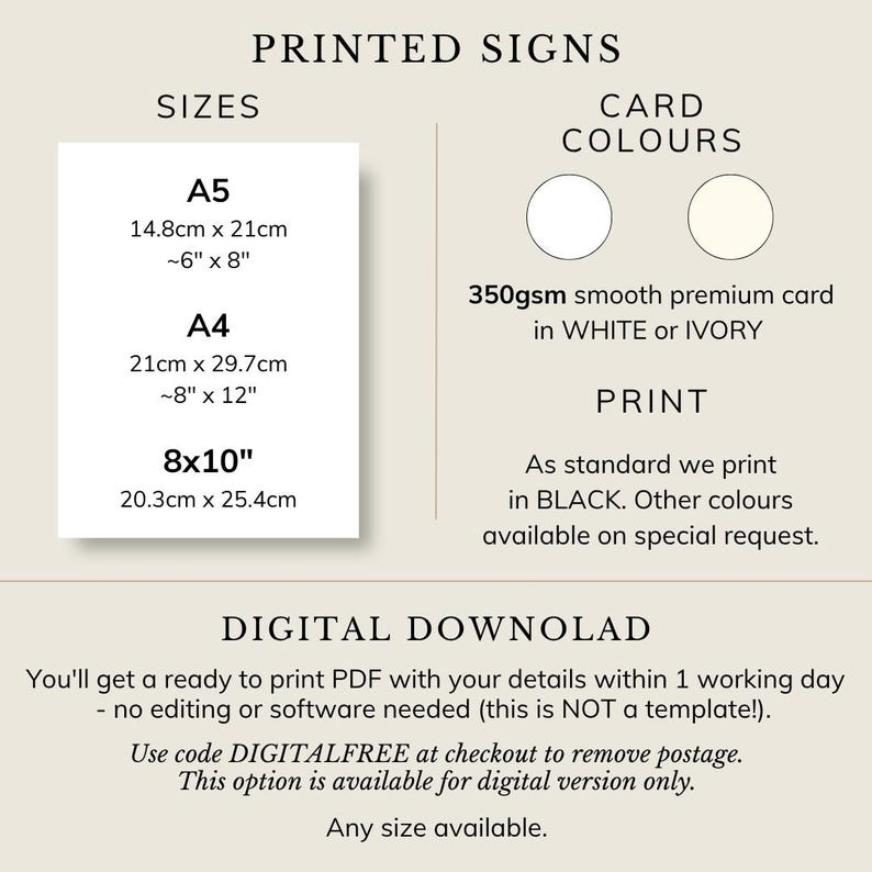 Puede incluir: Un gr&aacute;fico informativo titulado PRINTED SIGNS que enumera los tama&ntilde;os A5 (14,8cm x 21cm, 6in x 8in), A4 (21cm x 29,7cm, 8in x 12in) y 8x10in (20,3cm x 25,4cm). Especifica cartulina blanca o marfil de 350g, impresi&oacute;n negra y descarga digital.