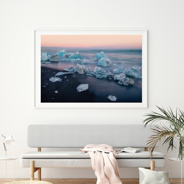 Fine Art Print, Sunset in Iceland, The Diamond Beach, Icelandic Nature, Seaside Landscape, Giclée, Wall Art Decor, Gift from Iceland