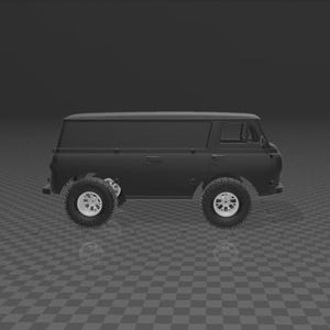 May include: A matte black van model featuring a boxy silhouette, side windows, and a door handle. The vehicle is equipped with large, rugged off-road tires mounted on white multi-spoke wheels, giving it a lifted stance and a distinct utilitarian appearance.