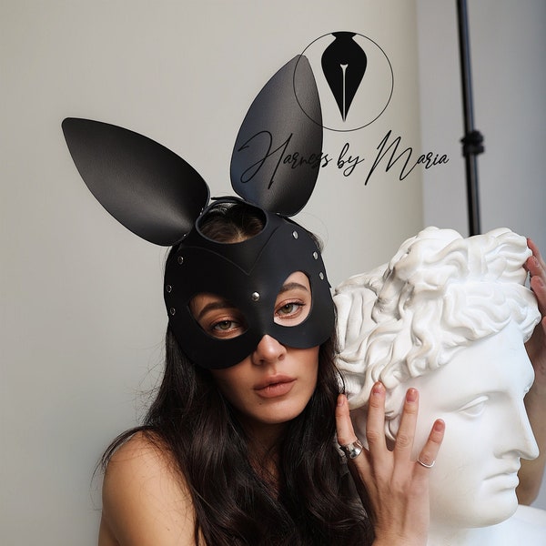 Leather rabbit harness mask, Mask with rabbit ears, Open mouth mask, Leather bunny mask, Bunny ears, Bunny costume, Halloween bunny mask