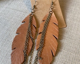 Handmade genuine leather feather earrings with antique gold-plated chain, one of a kind, dangle feather earrings, BOHO hippie style.