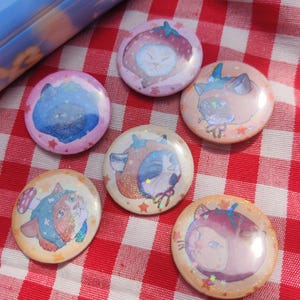Cats with Hats! a fruity badge set, 32mm, silly holographic strawberry, blueberry, orange, mushroom, pumpkin, tomato kitties