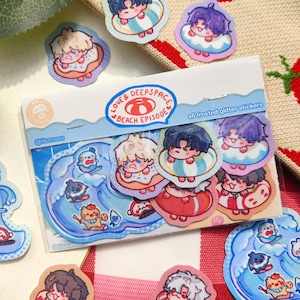 May include: A pack of six frosted glitter stickers featuring anime-style characters in swim rings. The stickers are from the "Love & Deepspace Beach Episode" collection. Additional stickers with ocean wave and character designs are scattered around.