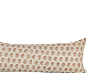 Floral Lumbar Pillow Cover: Terracotta Block Print Linen, USA Made