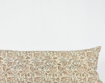 Miraya Long Lumbar - Linen floral block print pillow with pastel colors