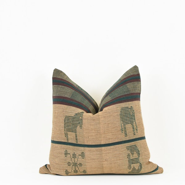 Mya- Tan and Dark Green Vintage Tribal Pillow Cover