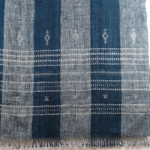 May include: A blue and white striped woven textile with a geometric pattern. The textile has a fringe border.