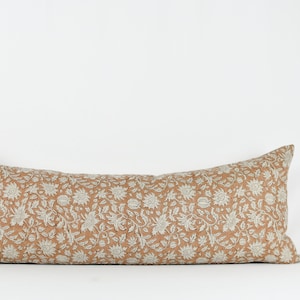 Amici Long Lumbar Pillow Woven Linen Terracotta Floral Block Print - California Cool, Modern Farmhouse