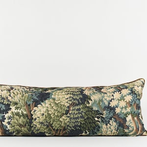 Botanical Tapestry Lumbar Pillow Cover: Velvet Piping, Forest Print