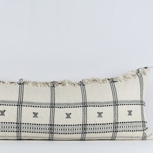 Fringe Long Lumbar Pillow Cover: White & Black Cotton, Hand Woven