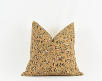 Maisey- Yellow Floral Block Print Cotton Pillow Cover