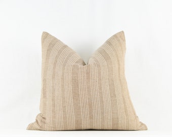 Tina- Tan and Ivory Striped Woven Cotton Pillow Cover