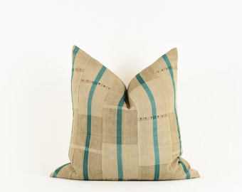 Leroy - Vintage African Aso oke pillow. Beige with Teal stripes. Modern Farmhouse. California Cool.
