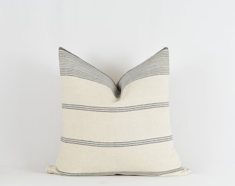 Woven Stripe Pillow Cover: Black and Off-White Cotton, Modern Farmhouse