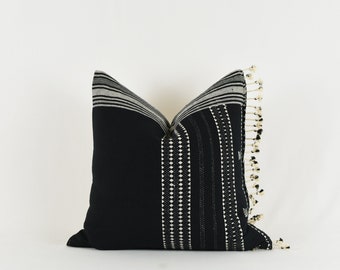 Jennifer - Black Woven Cotton Pom Pillow