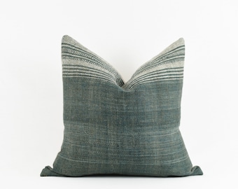 Woven Wool Stripe Pillow Cover: Gray Green Linen Back