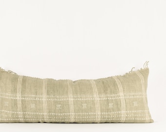 Natalie Fringe Long Lumbar - Woven Wool Beige Sage Green Pillow Cover