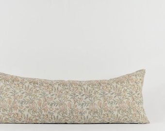 Miraya Long Lumbar - Linen floral block print pillow with pastel colors