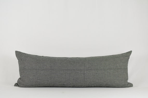Black Gingham Long Lumbar Pillow Cover: Woven Cotton, Brass Zipper