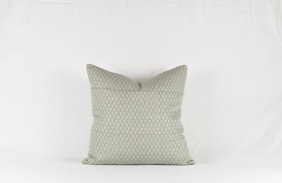Linen Block Print Pillow Cover: Dusty Blue Floral, USA Made
