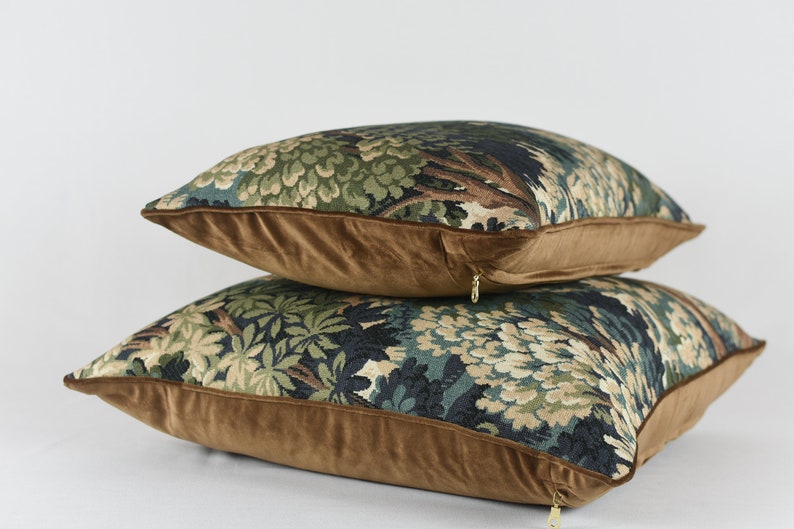 Botanical Tapestry Pillow Cover: Brown Velvet Piping, Forest Print image 6