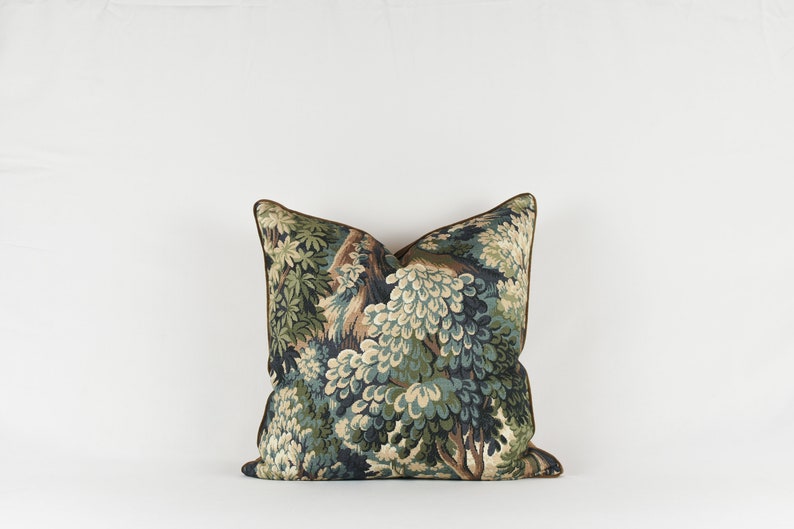 Botanical Tapestry Pillow Cover: Brown Velvet Piping, Forest Print image 1
