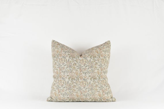 Linen Block Print Pillow Cover: Floral Pastel Shades, Brass Zipper