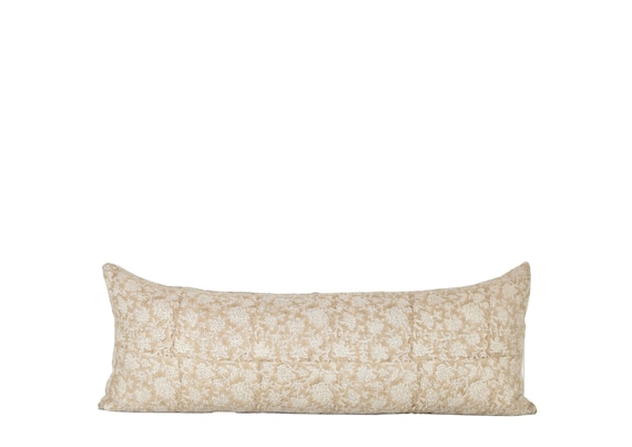 Brown Terracotta Linen Lumbar Pillow: Floral Block Print