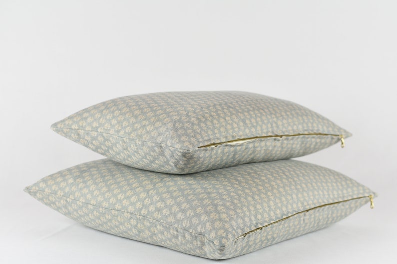May include: Two light blue throw pillows with a white floral pattern. The pillows have a zipper closure.