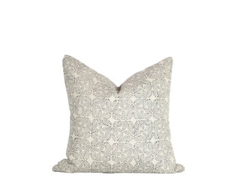 Linen Block Print Pillow Cover: Black Leaf Design, Brass Zipper
