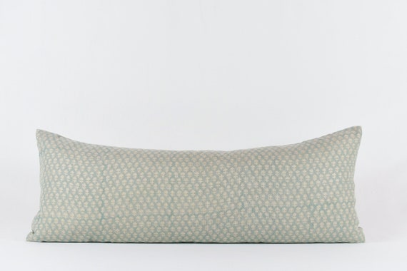 Sujata Long Lumbar - Dusty warm blue linen block print pillow