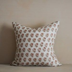 Luna Linen Floral Block Print pillow - Terracotta and brown floral block print pillow. Spring Pillow, Spring Refresh, Fall Pillow