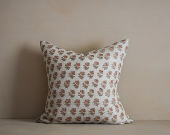 Linen Floral Block Print Pillow: Terracotta Brown Flowers, USA Made