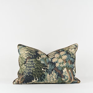 Botanical Tapestry Pillow Cover: Brown Velvet Piping, Forest Print 14x20 inches