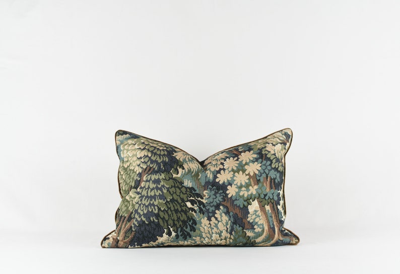 Botanical Tapestry Pillow Cover: Brown Velvet Piping, Forest Print 14x20 inches