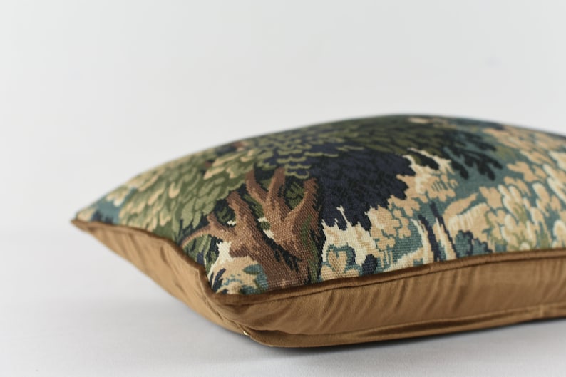 Botanical Tapestry Pillow Cover: Brown Velvet Piping, Forest Print image 4