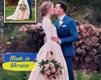 Wedding Portrait Painting, 2nd Anniversary Gift for Him, Custom Couple Portrait from Photo, Wedding Painting from Photo