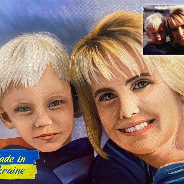 Portrait à l'huile fait main, cadeau fête des mères de la part d'un fils, tableau de portrait de famille peint personnalisé, portrait de famille personnalisé à partir d'une photo